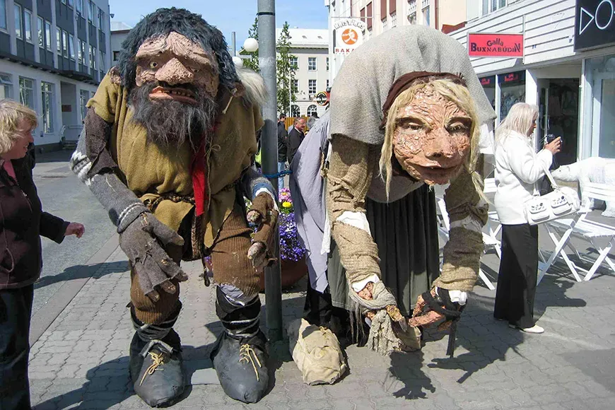 folklore figures on the main street of Akureyri, Iceland Gryla and her husband